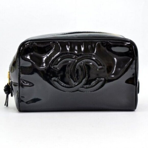 Authentic CHANEL CC Patent Leather Clutch Cosmetic Makeup Case Pouch Black Bag - Picture 2 of 11